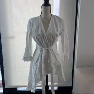 ZARA White Tie Wrap Blouse 3/4 Sleeve Asymmetrical Hem V-Neck Cotton Size S